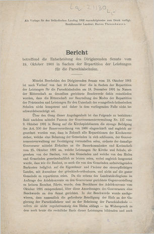 Bericht betreffend die Entscheidung des Dirigierenden Senats vom 19. Okt. 1901 in Sachen der Repartitionen der Leistungen für die Parochialschulen