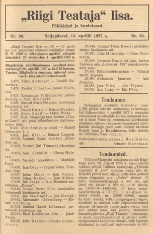 Riigi Teataja Lisa : seaduste alustel avaldatud teadaanded ; 36 1927-04-14