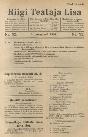 Riigi Teataja Lisa : seaduste alustel avaldatud teadaanded ; 92 1936-11-03