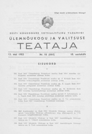 Eesti Nõukogude Sotsialistliku Vabariigi Ülemnõukogu ja Valitsuse Teataja ; 16 (664) 1983-05-13