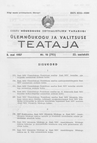 Eesti Nõukogude Sotsialistliku Vabariigi Ülemnõukogu ja Valitsuse Teataja ; 16 (793) 1987-05-08