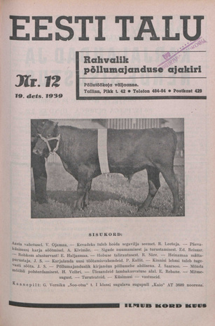 Eesti Talu : rahvalik põllumajanduse ajakiri ; 12 1939-12-19