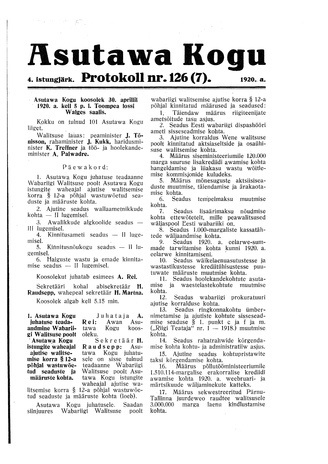 Asutawa Kogu protokoll nr.126 (7) (30. aprill 1920)