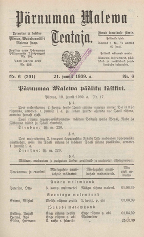 Pärnumaa Maleva Teataja ; 6 (201) 1939-06-21