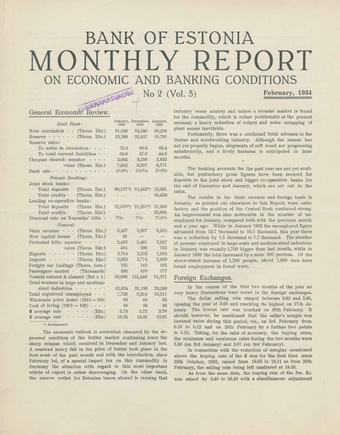 Bank of Estonia : monthly report on economic and banking conditions ; 2 1934-02