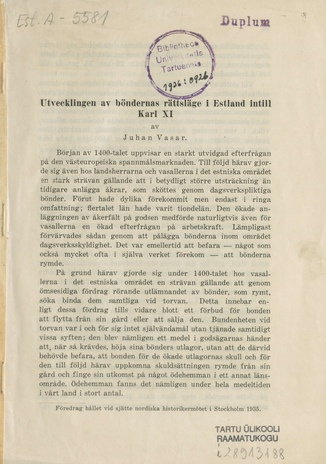 Utvecklingen av böndernas rättsläge i Estland intill Karl XI