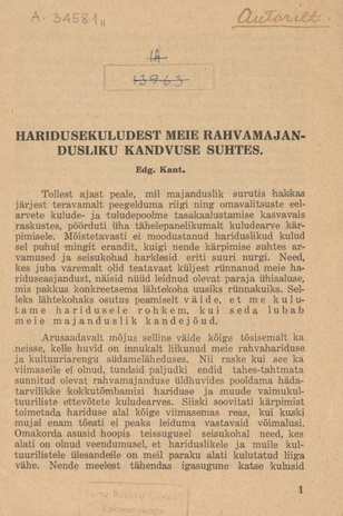 Haridusekuludest meie rahvamajandusliku kandvuse suhtes