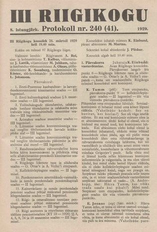 III Riigikogu : VIII istungjärk : protokoll nr. 240 (41)