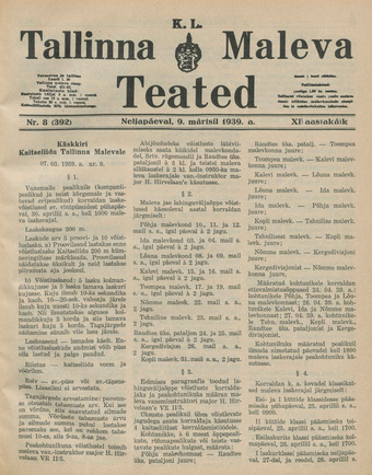 K. L. Tallinna Maleva Teated ; 8 (392) 1939-03-09