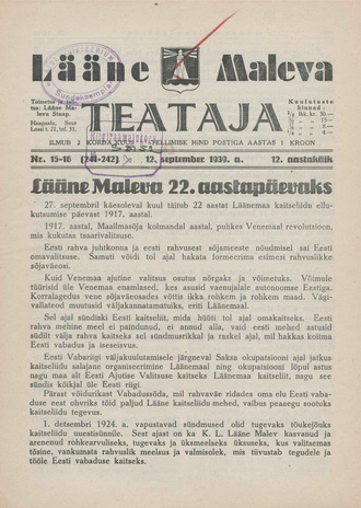 Lääne Maleva Teataja ; 15-16 (241-242) 1939-09-12