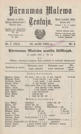 Pärnumaa Maleva Teataja ; 5 (211) 1940-04-20