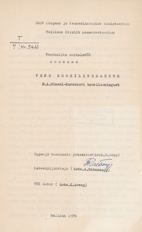 Vene kooriliteratuur : N. A. Rimski-Korsakovi kooriloomingust : teadusliku uurimistöö aruanne