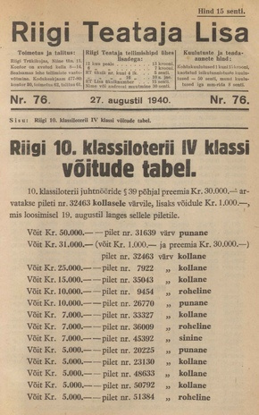 Riigi Teataja Lisa : seaduste alustel avaldatud teadaanded ; 76 1940-08-27