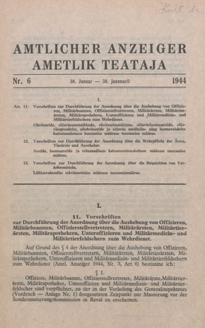 Ametlik Teataja. I/II osa = Amtlicher Anzeiger. I/II Teil ; 6 1944-01-30