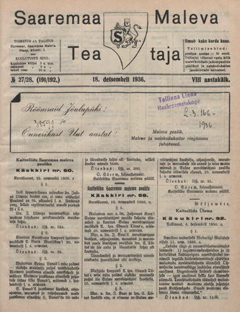 Saaremaa Maleva Teataja ; 27/28 (191/192) 1936-12-18