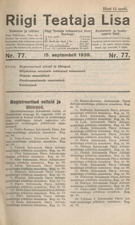 Riigi Teataja Lisa : seaduste alustel avaldatud teadaanded ; 77 1939-09-15