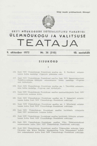 Eesti Nõukogude Sotsialistliku Vabariigi Ülemnõukogu ja Valitsuse Teataja ; 36 (510) 1975-10-09