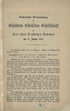 Oeffentliche Versammlung der Gelehrten Estnischen Gesellschaft zur Feier ihres 25-jährigen Bestehens am 18. Januar 1863.