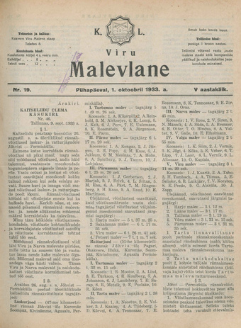 K. L. Viru Malevlane ; 19 1933-10-01