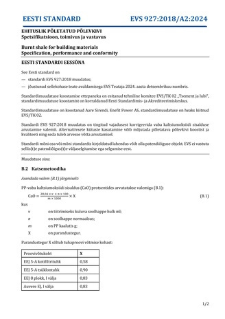 EVS 927:2018-A2:2024 Ehituslik põletatud põlevkivi : spetsifikatsioon, toimivus ja vastavus = Burnt shale for building materials : specification, performance and conformity 