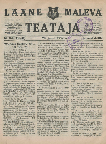 Lääne Maleva Teataja ; 8-9 (80-81) 1932-06-20