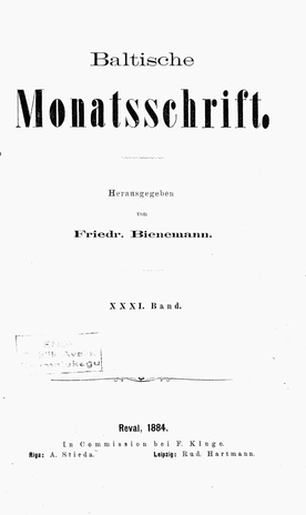 Baltische Monatsschrift ; 1884