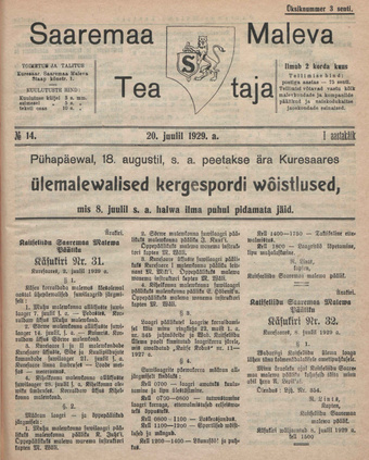 Saaremaa Maleva Teataja ; 14 1929-07-20
