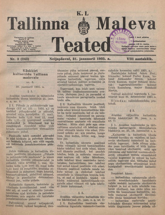 K. L. Tallinna Maleva Teated ; 3 (243) 1935-01-31