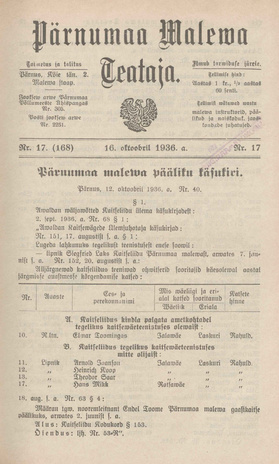 Pärnumaa Maleva Teataja ; 17 (168) 1936-10-16