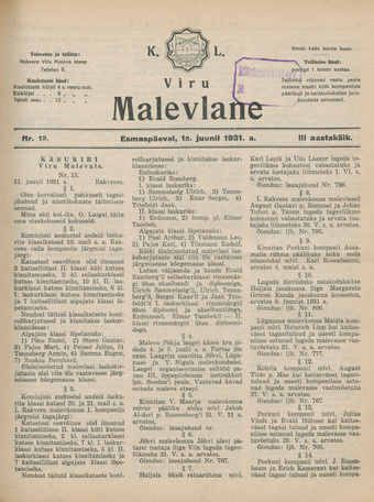 K. L. Viru Malevlane ; 12 1931-06-15